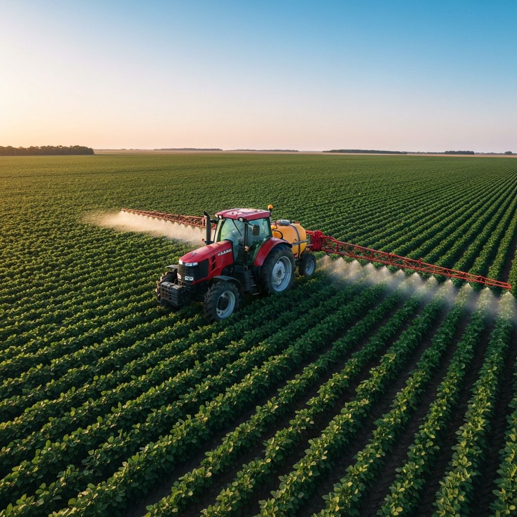 Tractor spraying a vast green field at golden hour